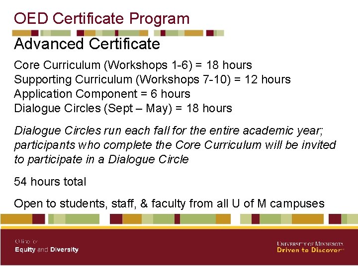 OED Certificate Program Advanced Certificate Core Curriculum (Workshops 1 -6) = 18 hours Supporting