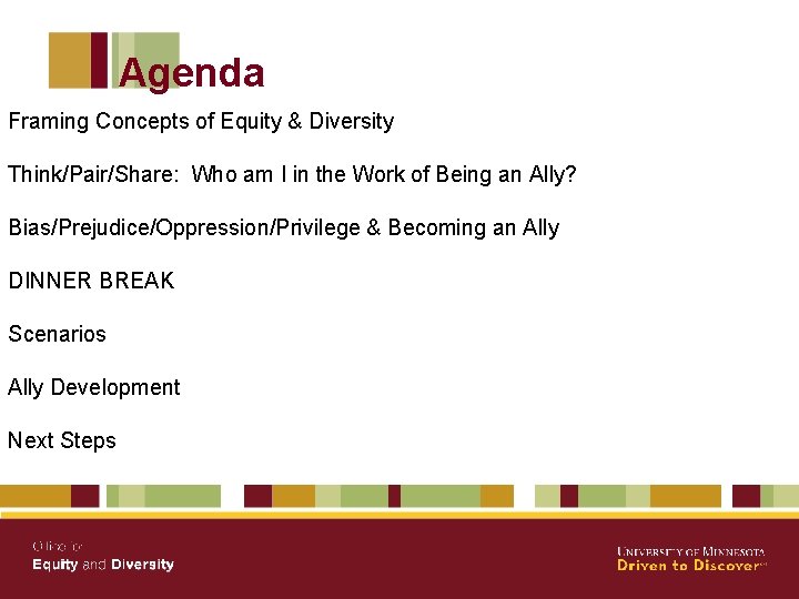 Agenda Framing Concepts of Equity & Diversity Think/Pair/Share: Who am I in the Work