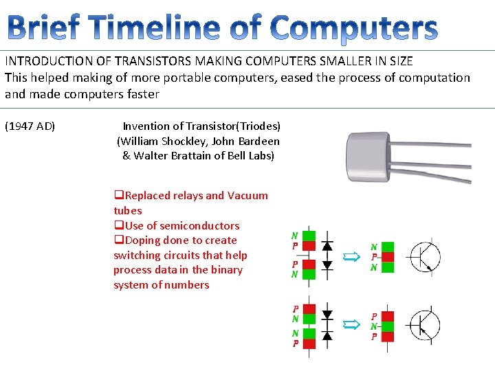 INTRODUCTION OF TRANSISTORS MAKING COMPUTERS SMALLER IN SIZE This helped making of more portable