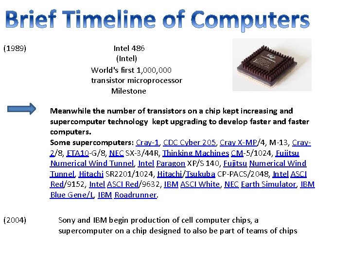 (1989) Intel 486 (Intel) World's first 1, 000 transistor microprocessor Milestone Meanwhile the number