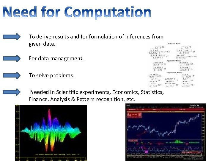 To derive results and formulation of inferences from given data. For data management. To