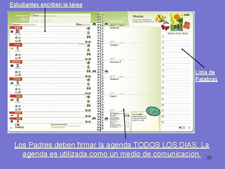 Estudiantes escriben la tarea Lista de Palabras Los Padres deben firmar la agenda TODOS