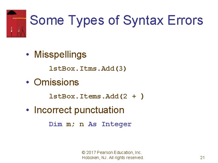 Some Types of Syntax Errors • Misspellings lst. Box. Itms. Add(3) • Omissions lst.