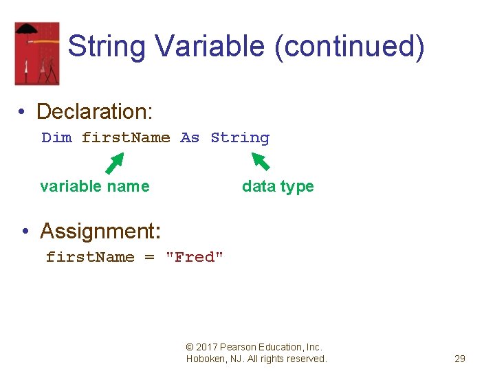 String Variable (continued) • Declaration: Dim first. Name As String variable name data type