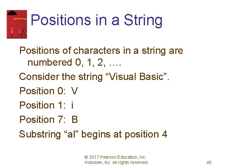 Positions in a String Positions of characters in a string are numbered 0, 1,