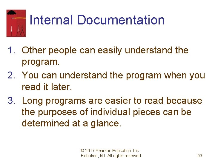 Internal Documentation 1. Other people can easily understand the program. 2. You can understand