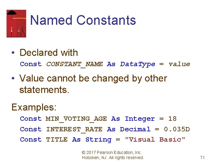 Named Constants • Declared with Const CONSTANT_NAME As Data. Type = value • Value