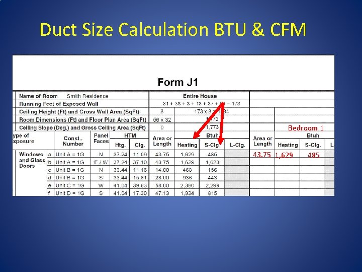 Duct Size Calculation BTU & CFM Bedroom 1 43. 75 1, 629 485 