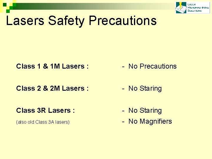 Lasers Safety Precautions Class 1 & 1 M Lasers : - No Precautions Class