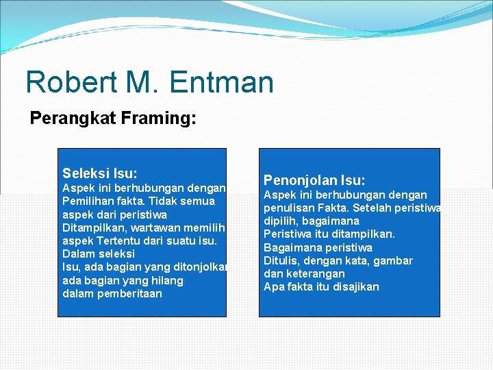 Robert M. Entman Perangkat Framing: Seleksi Isu: Aspek ini berhubungan dengan Pemilihan fakta. Tidak