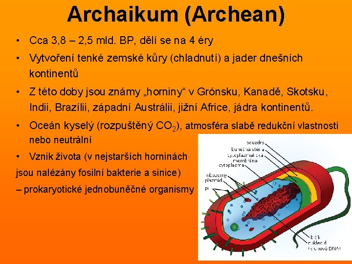 Archaikum (Archean) • Cca 3, 8 – 2, 5 mld. BP, dělí se na