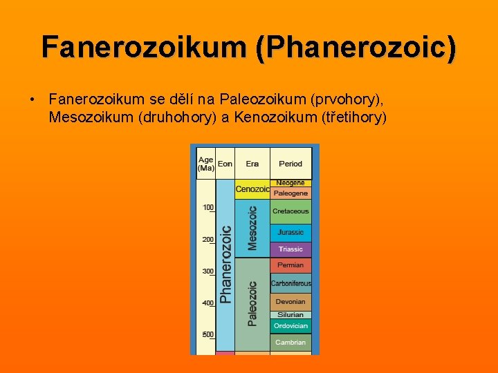 Fanerozoikum (Phanerozoic) • Fanerozoikum se dělí na Paleozoikum (prvohory), Mesozoikum (druhohory) a Kenozoikum (třetihory)