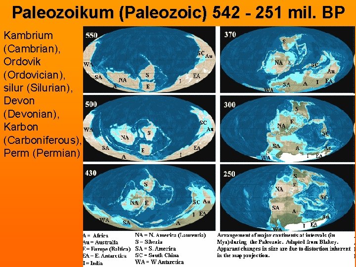 Paleozoikum (Paleozoic) 542 - 251 mil. BP Kambrium (Cambrian), Ordovik (Ordovician), silur (Silurian), Devon
