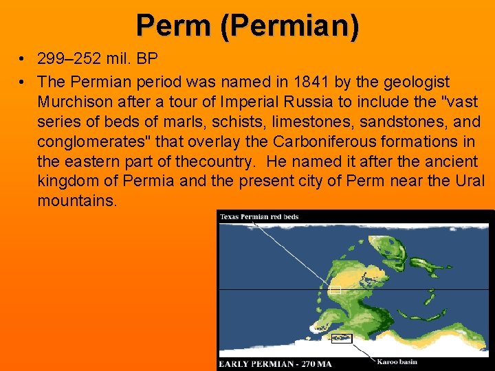 Perm (Permian) • 299– 252 mil. BP • The Permian period was named in