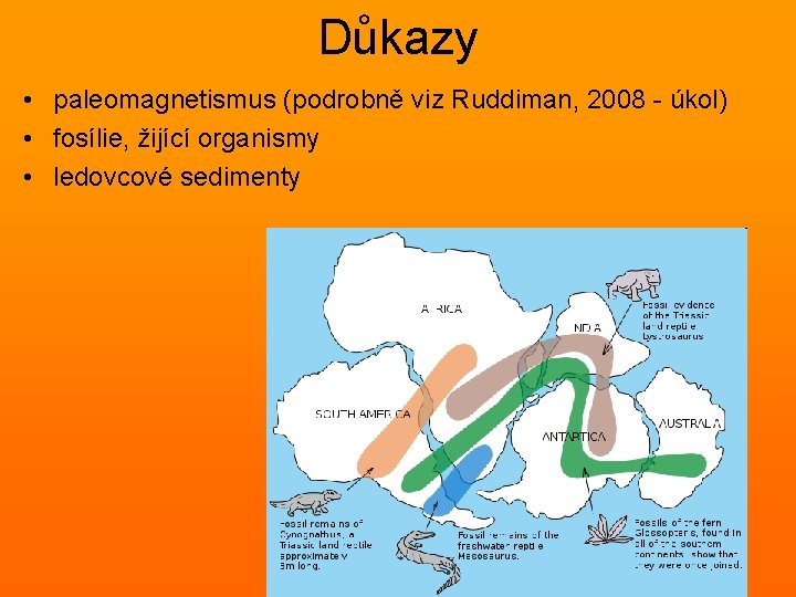 Důkazy • paleomagnetismus (podrobně viz Ruddiman, 2008 - úkol) • fosílie, žijící organismy •