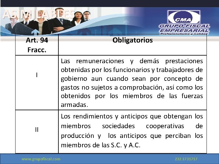 ASIMILABLES Art. 94 Fracc. I II www. grupofiscal. com Obligatorios Las remuneraciones y demás