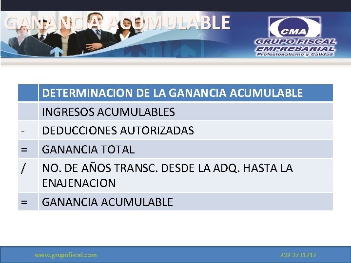 GANANCIA ACUMULABLE = / = DETERMINACION DE LA GANANCIA ACUMULABLE INGRESOS ACUMULABLES DEDUCCIONES AUTORIZADAS