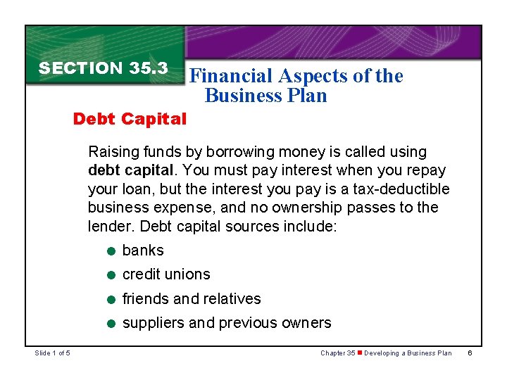 SECTION 35. 3 Debt Capital Financial Aspects of the Business Plan Raising funds by