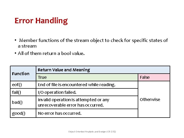 Error Handling • Member functions of the stream object to check for specific states
