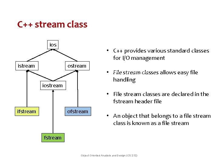 C++ stream class ios istream • C++ provides various standard classes for I/O management