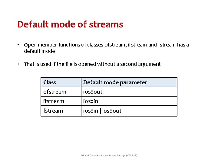 Default mode of streams • Open member functions of classes ofstream, ifstream and fstream