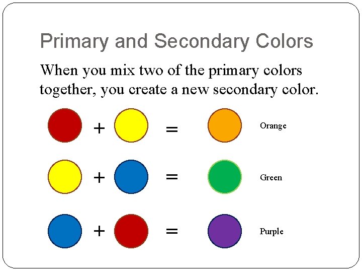Primary and Secondary Colors When you mix two of the primary colors together, you