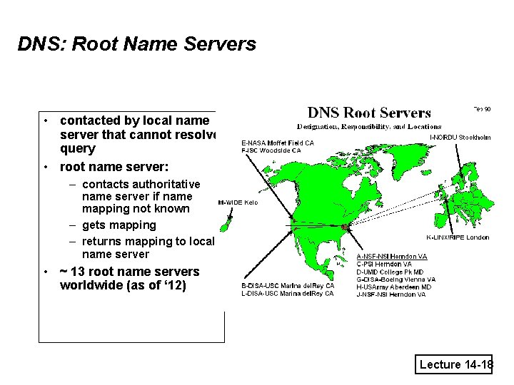 DNS: Root Name Servers • contacted by local name server that cannot resolve query