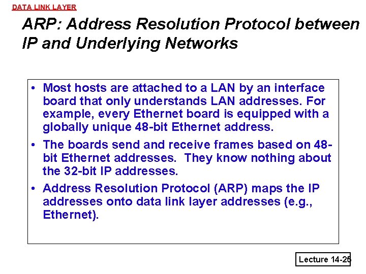 DATA LINK LAYER ARP: Address Resolution Protocol between IP and Underlying Networks • Most