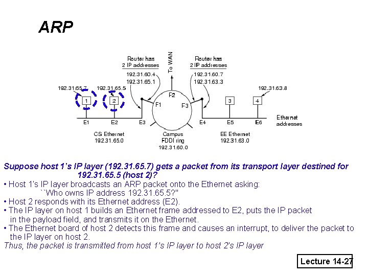 ARP Suppose host 1’s IP layer (192. 31. 65. 7) gets a packet from