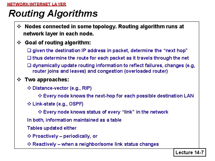 NETWORK/INTERNET LAYER Routing Algorithms v Nodes connected in some topology. Routing algorithm runs at