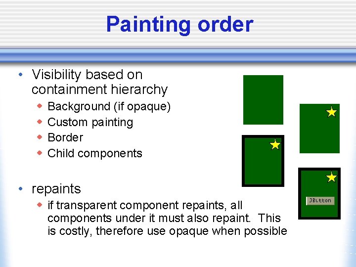 Painting order • Visibility based on containment hierarchy w w Background (if opaque) Custom