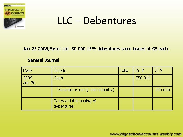 LLC – Debentures Jan 25 2008, Farrel Ltd 50 000 15% debentures were issued