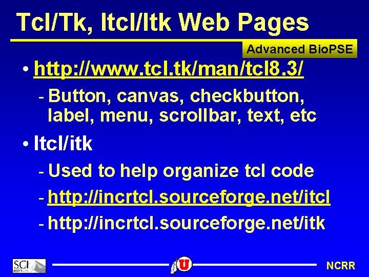 Tcl/Tk, Itcl/Itk Web Pages Advanced Bio. PSE • http: //www. tcl. tk/man/tcl 8. 3/