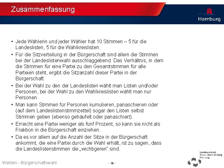 Zusammenfassung • Jede Wählerin und jeder Wähler hat 10 Stimmen – 5 für die