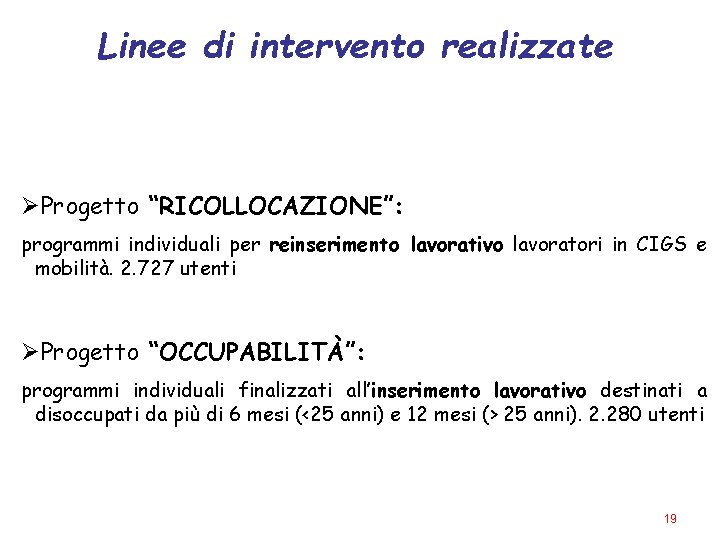 Linee di intervento realizzate Progetto “RICOLLOCAZIONE”: programmi individuali per reinserimento lavorativo lavoratori in CIGS