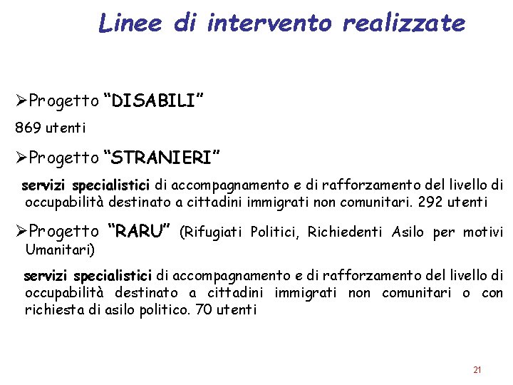 Linee di intervento realizzate Progetto “DISABILI” 869 utenti Progetto “STRANIERI” servizi specialistici di accompagnamento