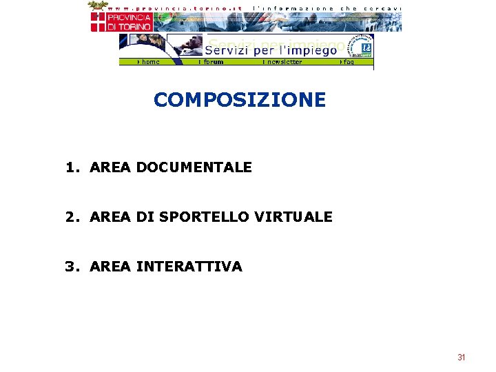 COMPOSIZIONE 1. AREA DOCUMENTALE 2. AREA DI SPORTELLO VIRTUALE 3. AREA INTERATTIVA 31 