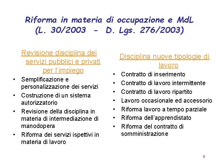 Riforma in materia di occupazione e Md. L (L. 30/2003 - D. Lgs. 276/2003)