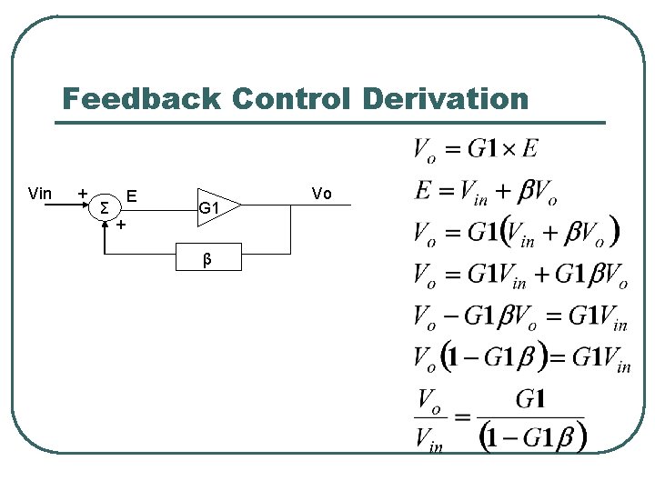 Feedback Control Derivation Vin + Σ E + G 1 β Vo 