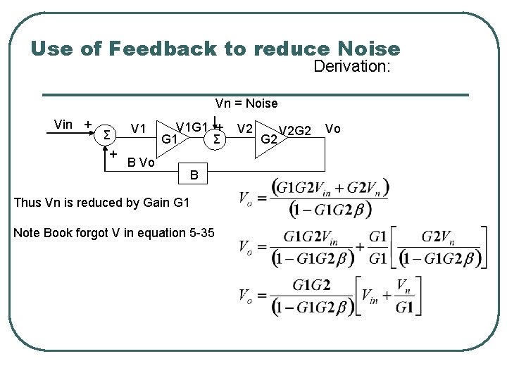 Use of Feedback to reduce Noise Derivation: Vn = Noise Vin + Σ +