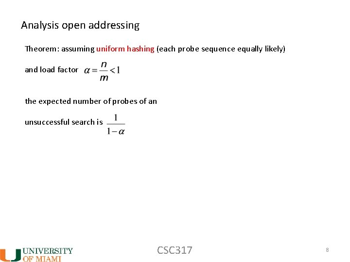 Analysis open addressing Theorem: assuming uniform hashing (each probe sequence equally likely) and load