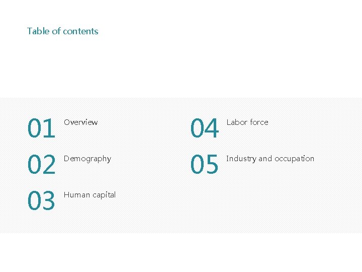 Table of contents 01 02 03 Overview Demography Human capital 04 05 Labor force