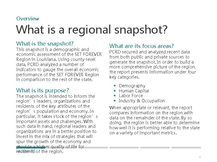 Overview What is a regional snapshot? What is the snapshot? This snapshot is a