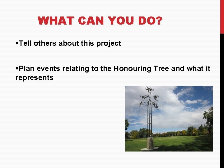 WHAT CAN YOU DO? §Tell others about this project §Plan events relating to the