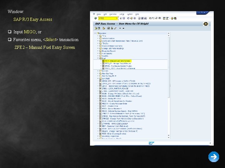 Window: SAP R/3 Easy Access q Input MIGO; or q Favorites menu, <Select> transaction