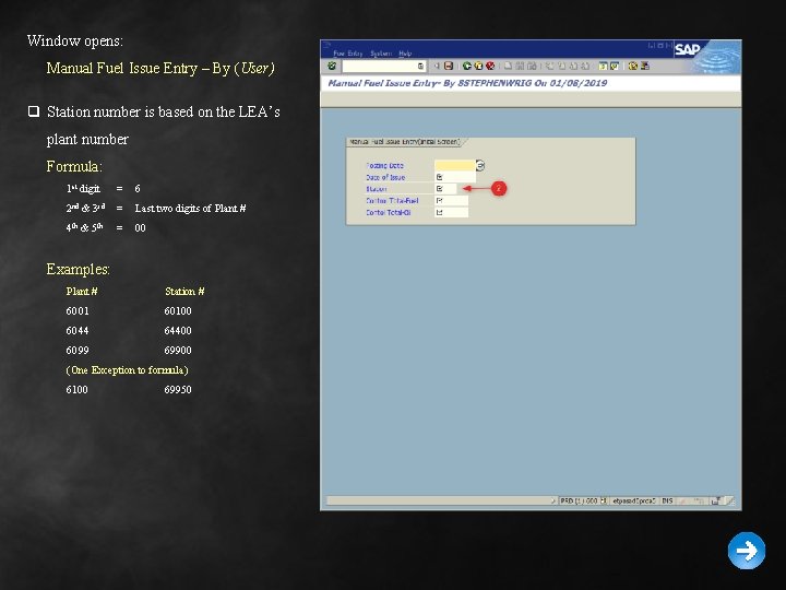 Window opens: Manual Fuel Issue Entry – By (User) q Station number is based