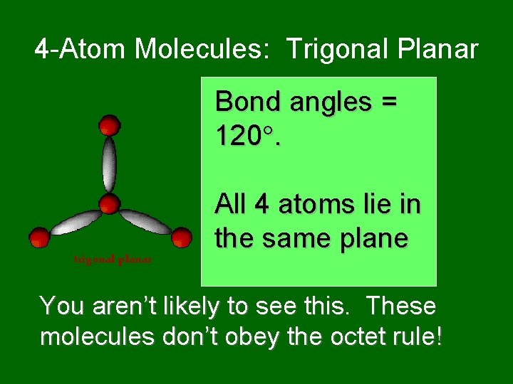 4 -Atom Molecules: Trigonal Planar Bond angles = 120. All 4 atoms lie in