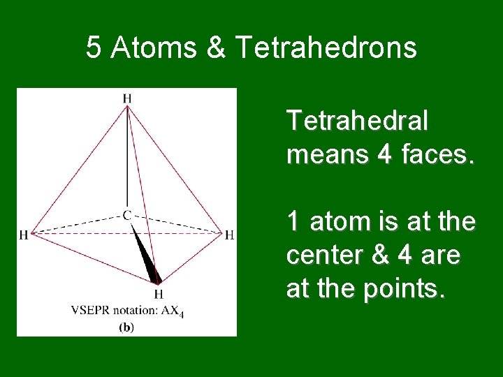 5 Atoms & Tetrahedrons Tetrahedral means 4 faces. 1 atom is at the center