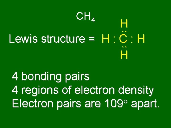 CH 4 H. . Lewis structure = H : C : H. . H