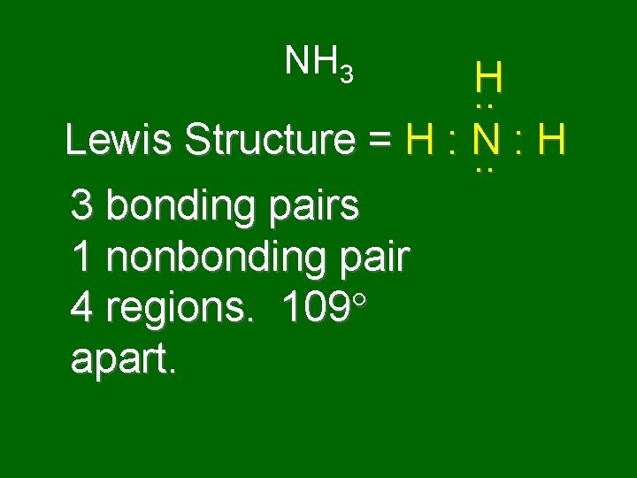 NH 3 H. . Lewis Structure = H : N : H. . 3